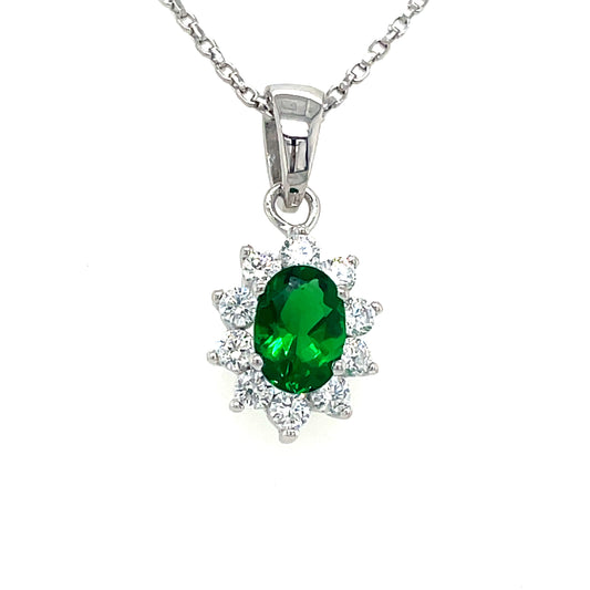 Sterling Silver Cubic Zirconia and Green Stone Oval Cluster Pendant