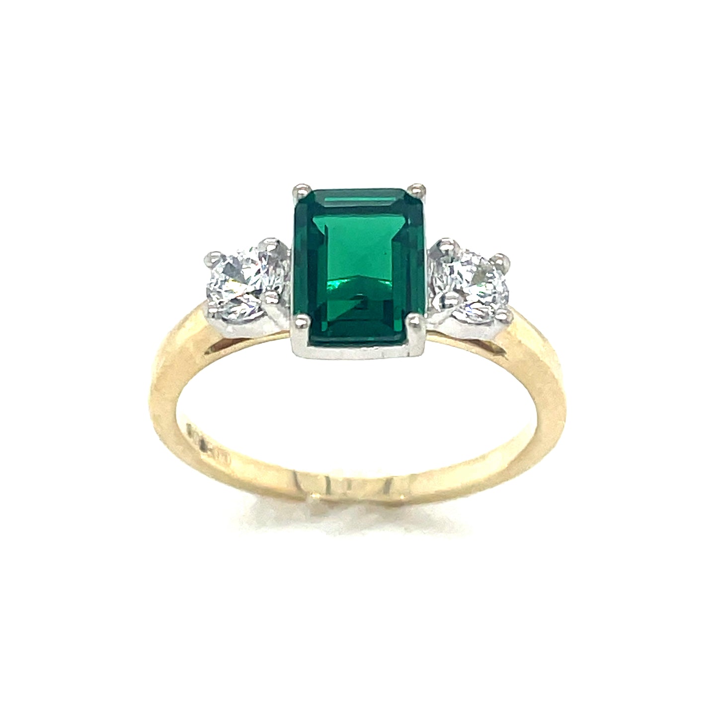 9ct 3 stone with emerald cut green cubic zirconia in centre and 2 white cubic zirconia ring