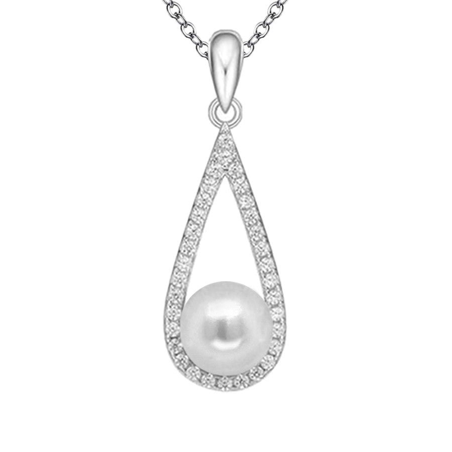 Sterling Silver Cultured Pearl and CZ Teardrop Pendant