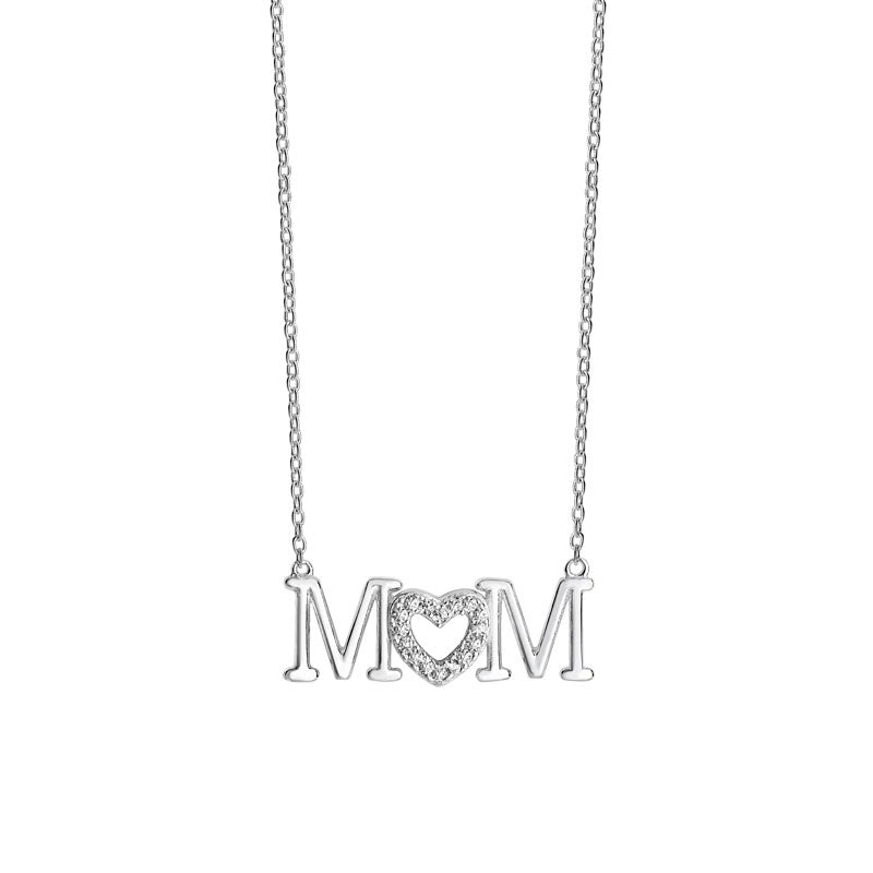 Sterling Silver Mom Cubic Zirconia Heart Necklet