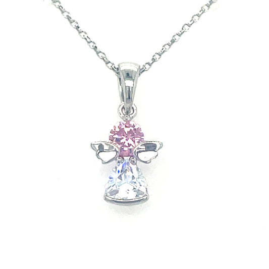 Sterling Silver Pink/White CZ Angel Pendant