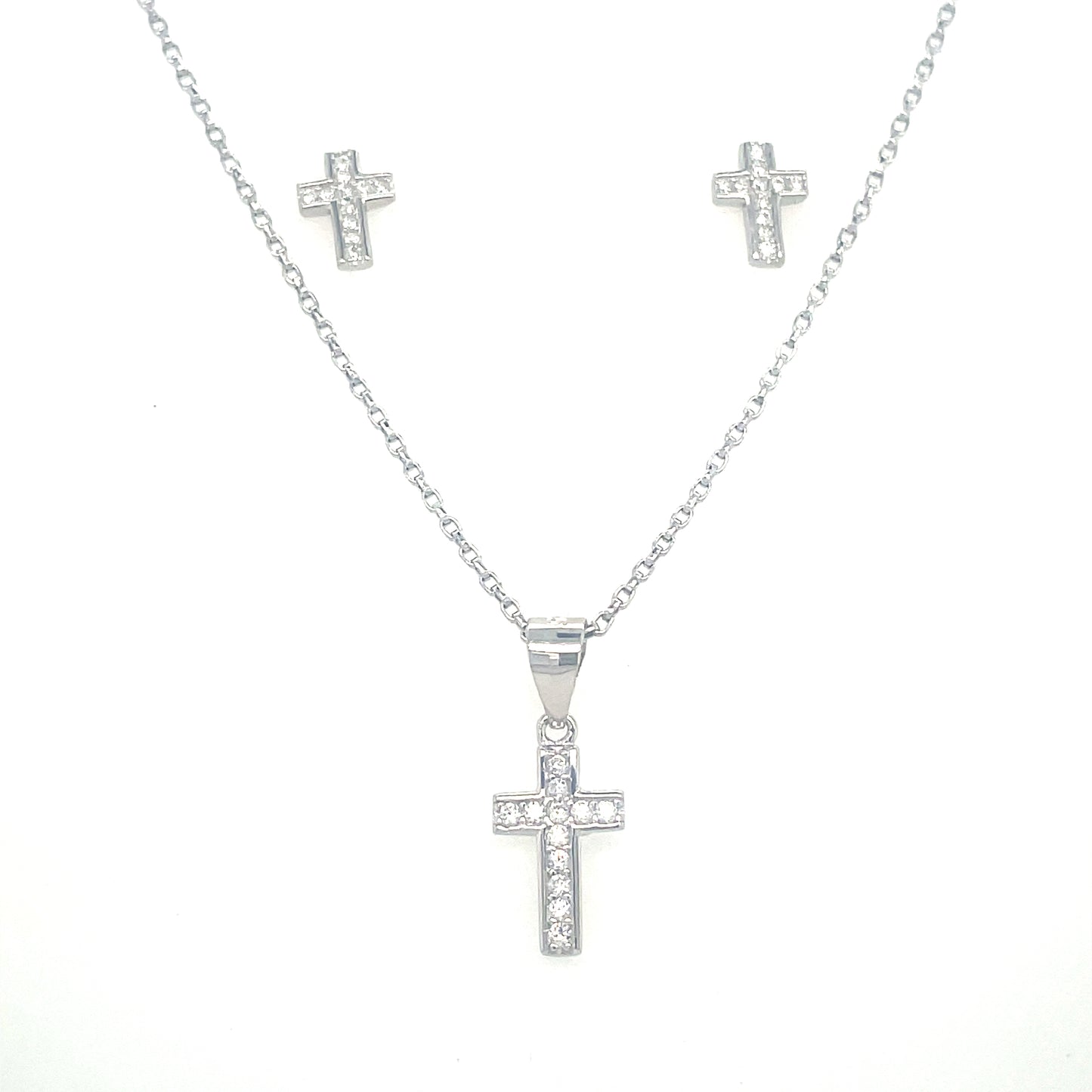 Sterling Silver Pendant and Earring CZ Cross Set