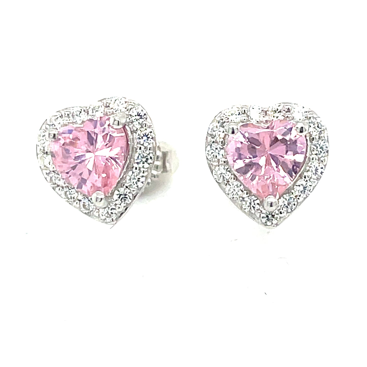 Sterling Silver Pink CZ Heart Earrings with White CZ Halo