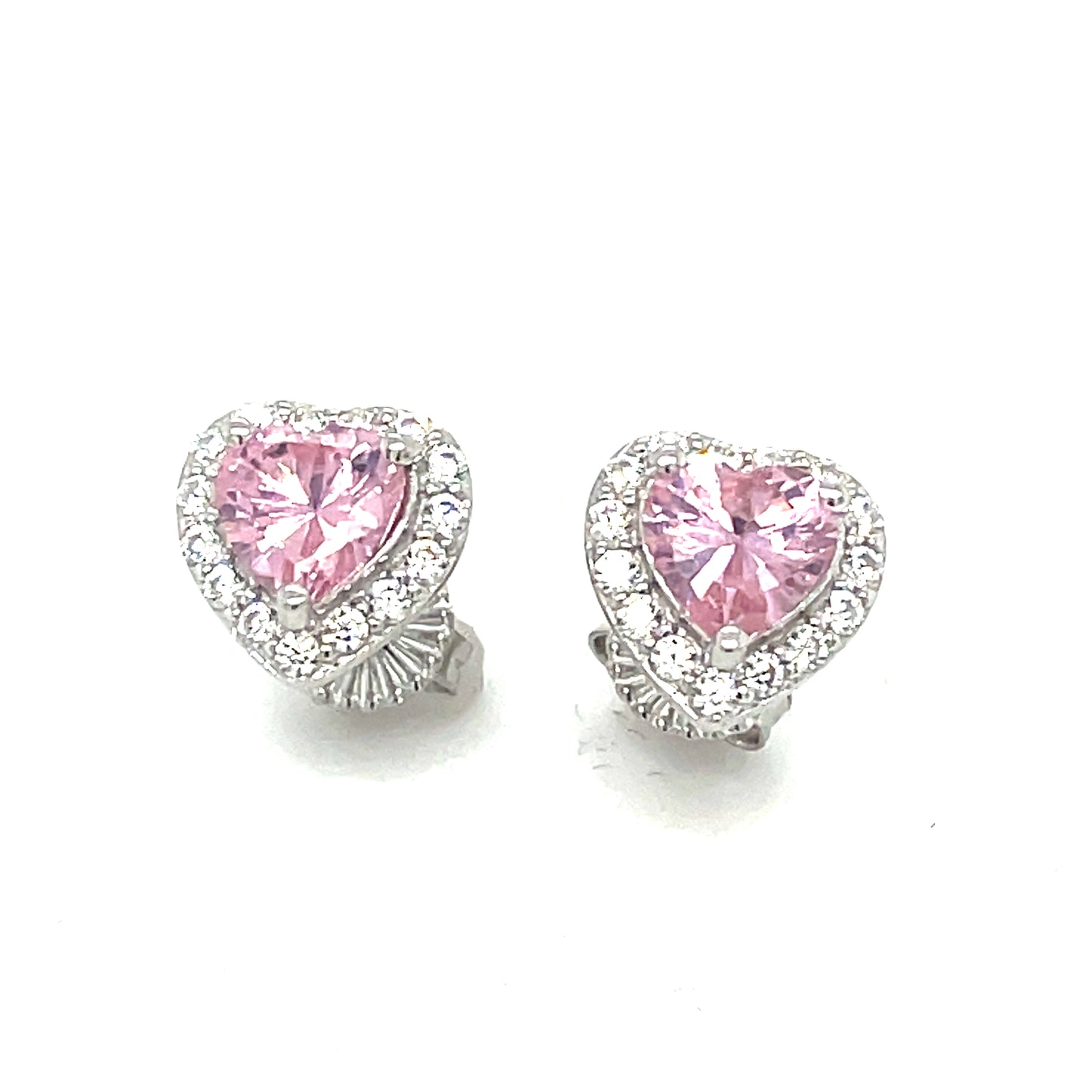 Sterling Silver Pink CZ Heart Earrings with White CZ Halo