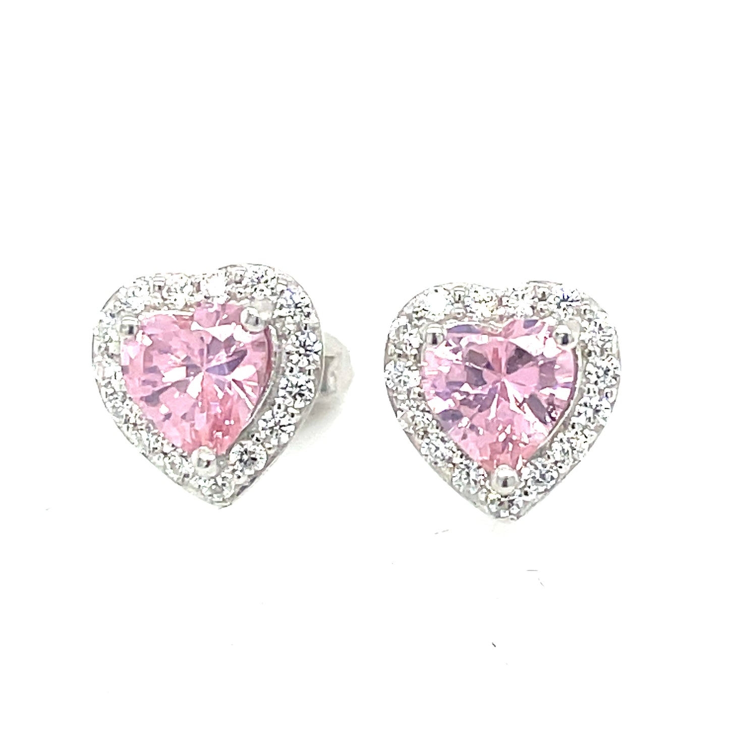 Sterling Silver Pink CZ Heart Earrings with White CZ Halo