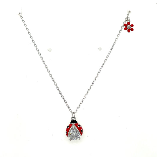 Sterling Silver Ladybird and Flower Necklet with CZ Centre