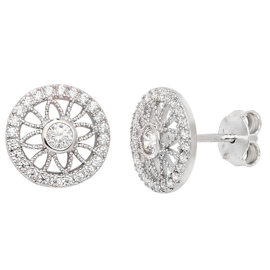 Sterling Silver Round Fancy CZ Stud With Halo