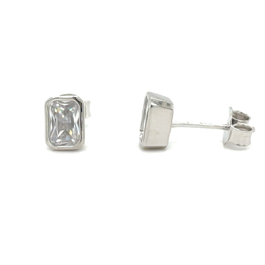 Sterling Silver Rubover Set Emerald Cut CZ Earrings
