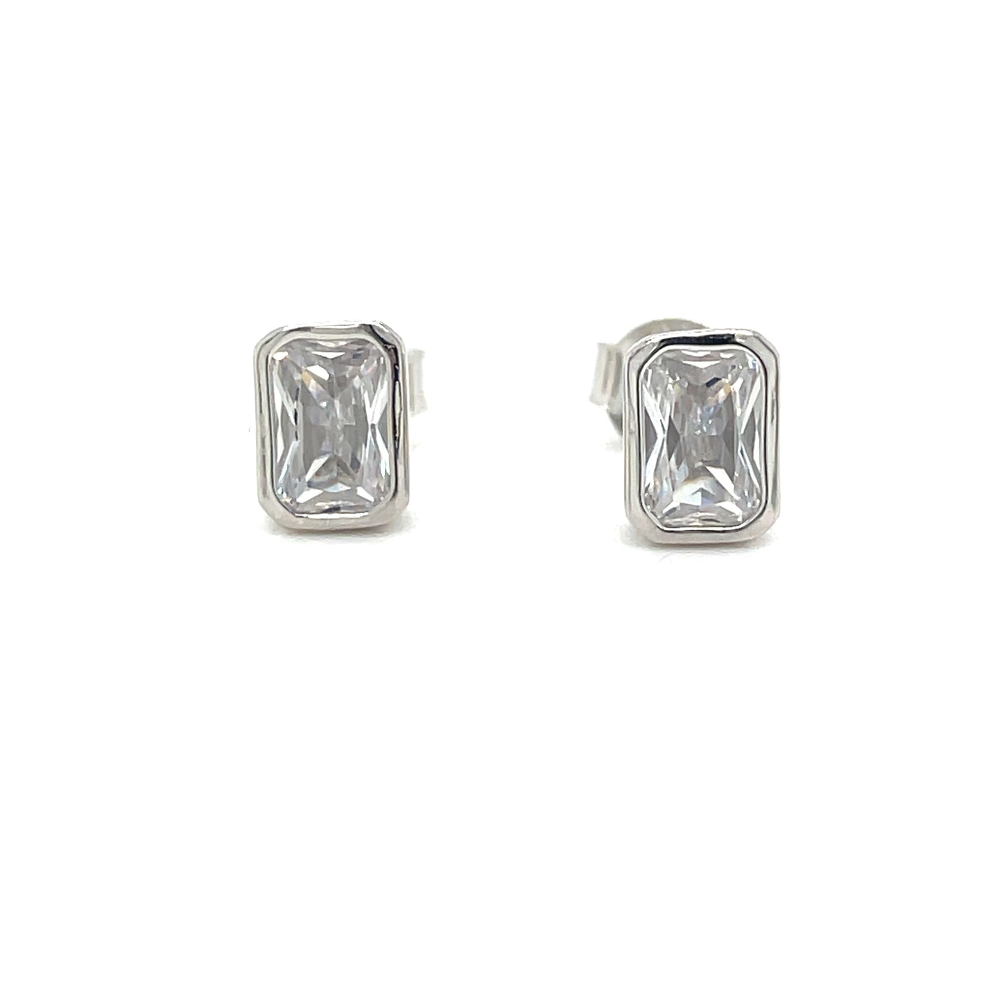 Sterling Silver Rubover Set Emerald Cut CZ Earrings