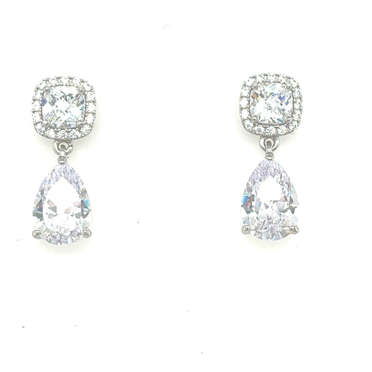 Sterling Silver Sqaure CZ Halo With Pear CZ Drop