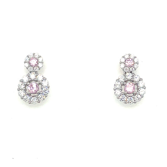 Sterling Silver Pink and White CZ Halo Drop Earrings