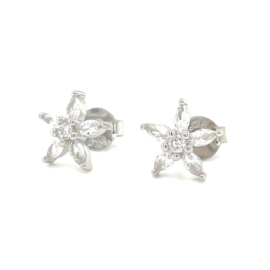 Sterling Silver CZ Flower Stud Earrings