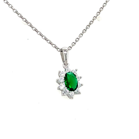 Sterling Silver Oval Green CZ With White CZ Flower Halo