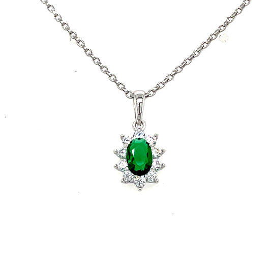 Sterling Silver Oval Green CZ With White CZ Flower Halo