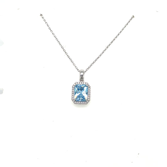 Sterling Silver Emerald Cut Blue CZ Pendant with Halo