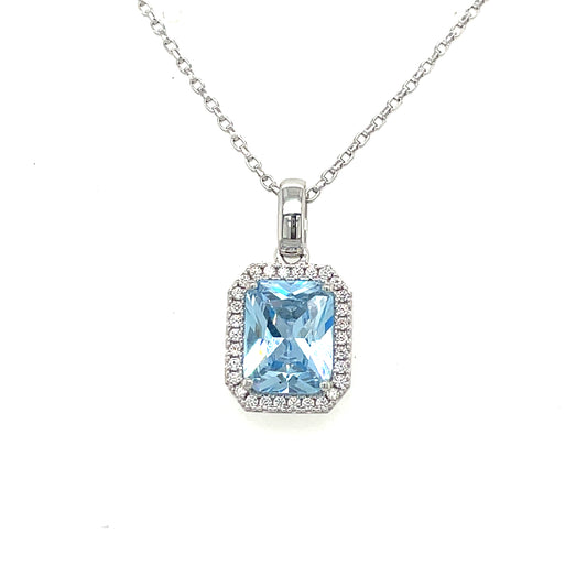 Sterling Silver Emerald Cut Blue CZ Pendant with Halo