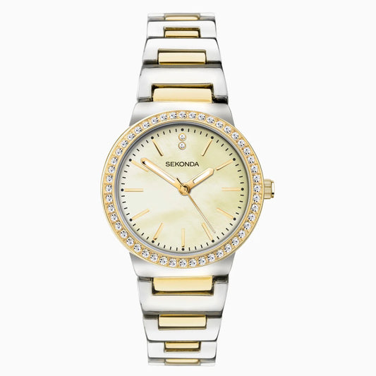 Ladies Sekonda Two Tone Bracelet Mother Of Pearl Face Stone Set Bezel Watch