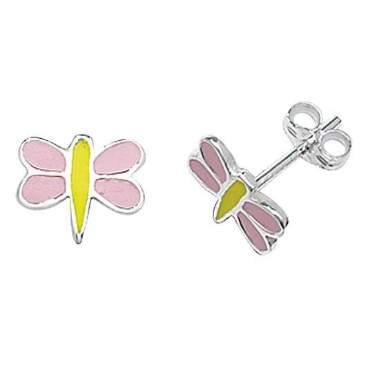 Sterling Silver Pink & Yellow Enamel Dragonfly Stud Earring