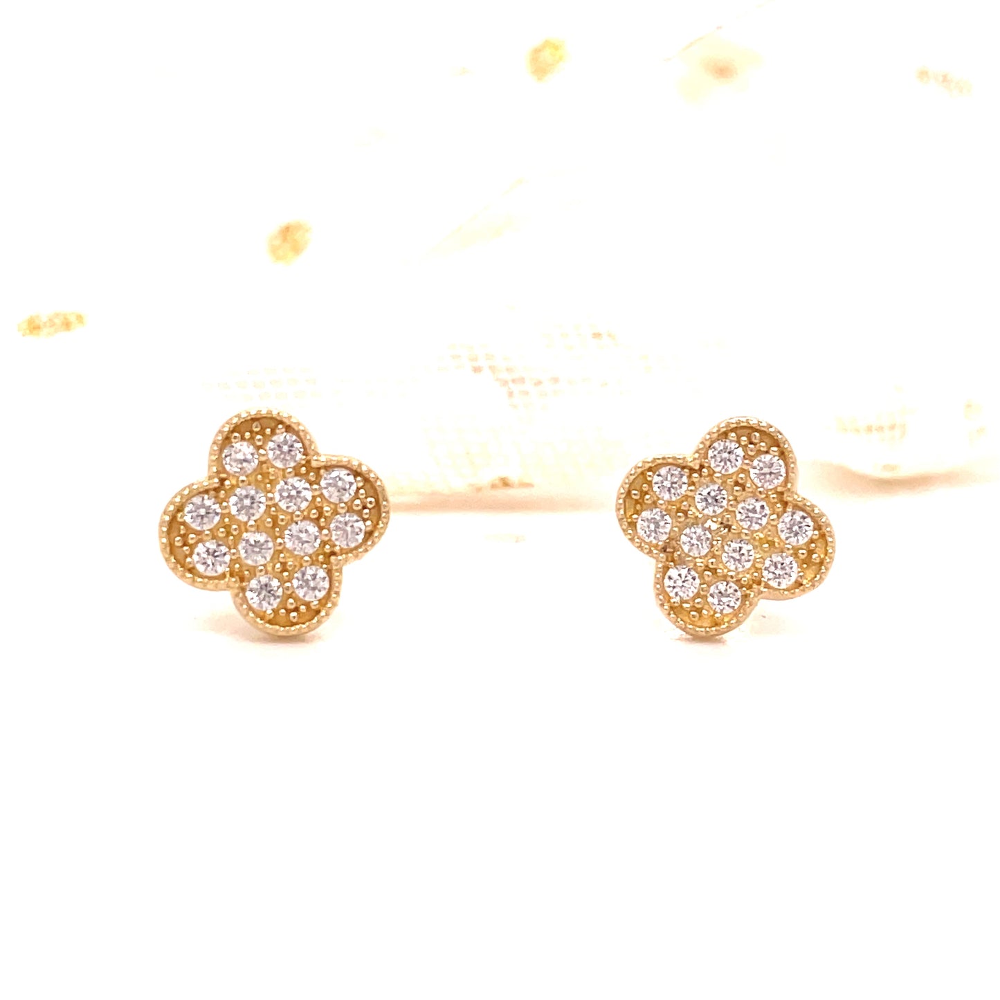 9ct Yellow Gold Pave CZ Clover Earrings