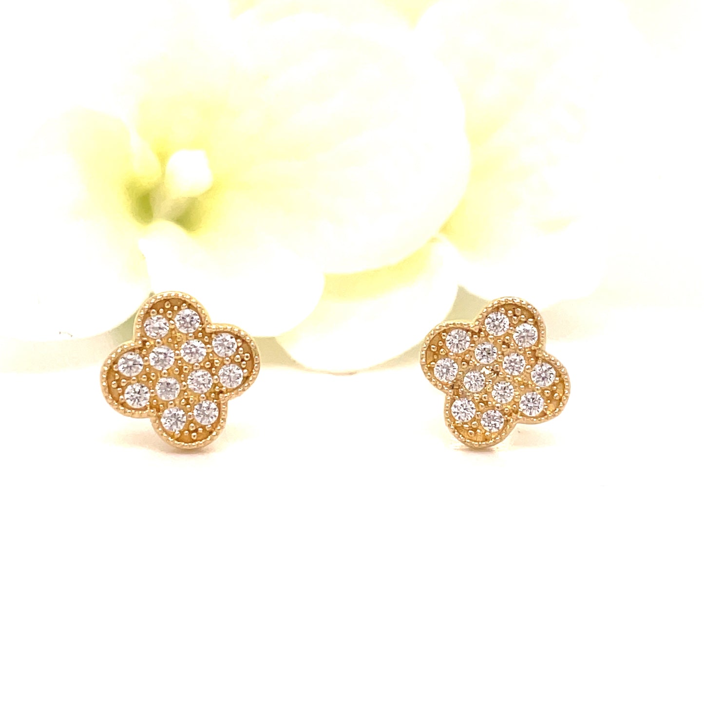 9ct Yellow Gold Pave CZ Clover Earrings