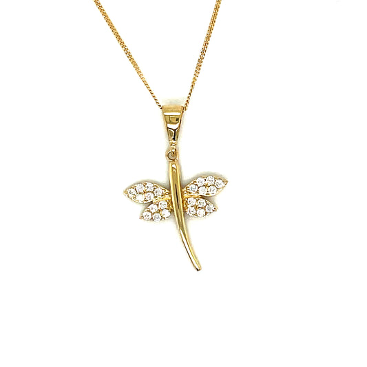 9ct Yellow Gold CZ and Polished Dragonfly Pendant