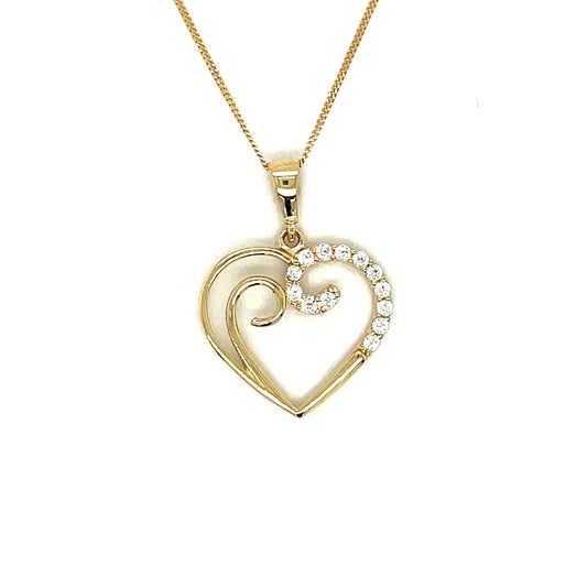 9ct Yellow Gold CZ and Polished Open Swirl Heart Pendant