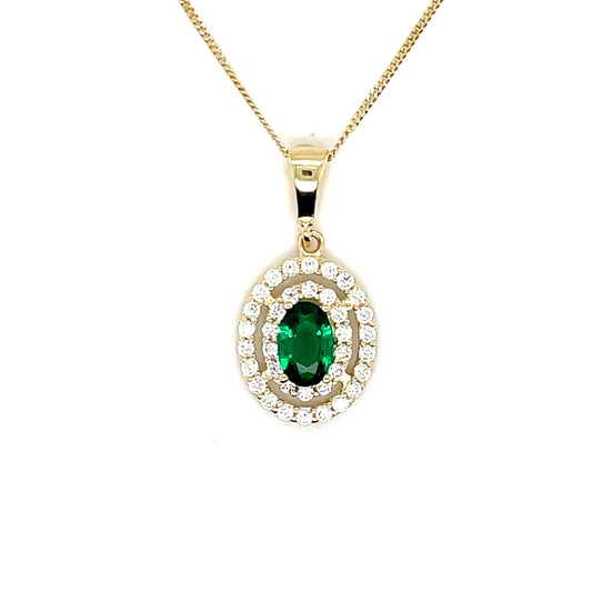 9ct Yellow Gold Oval Emerald Pendant with CZ Halo