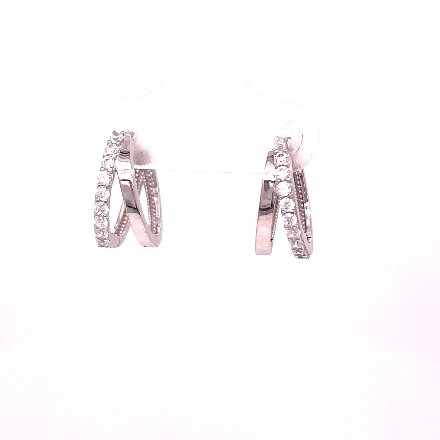 9ct White Gold Half Polished/Half CZ Double Hoop Earrings