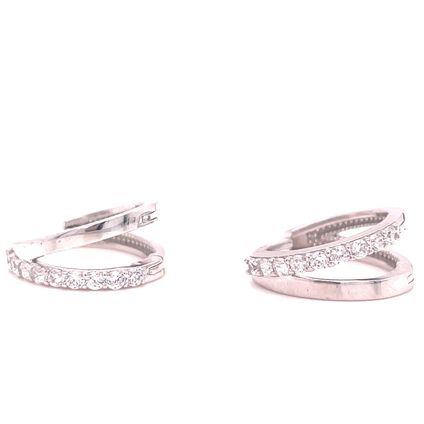 9ct White Gold Half Polished/Half CZ Double Hoop Earrings