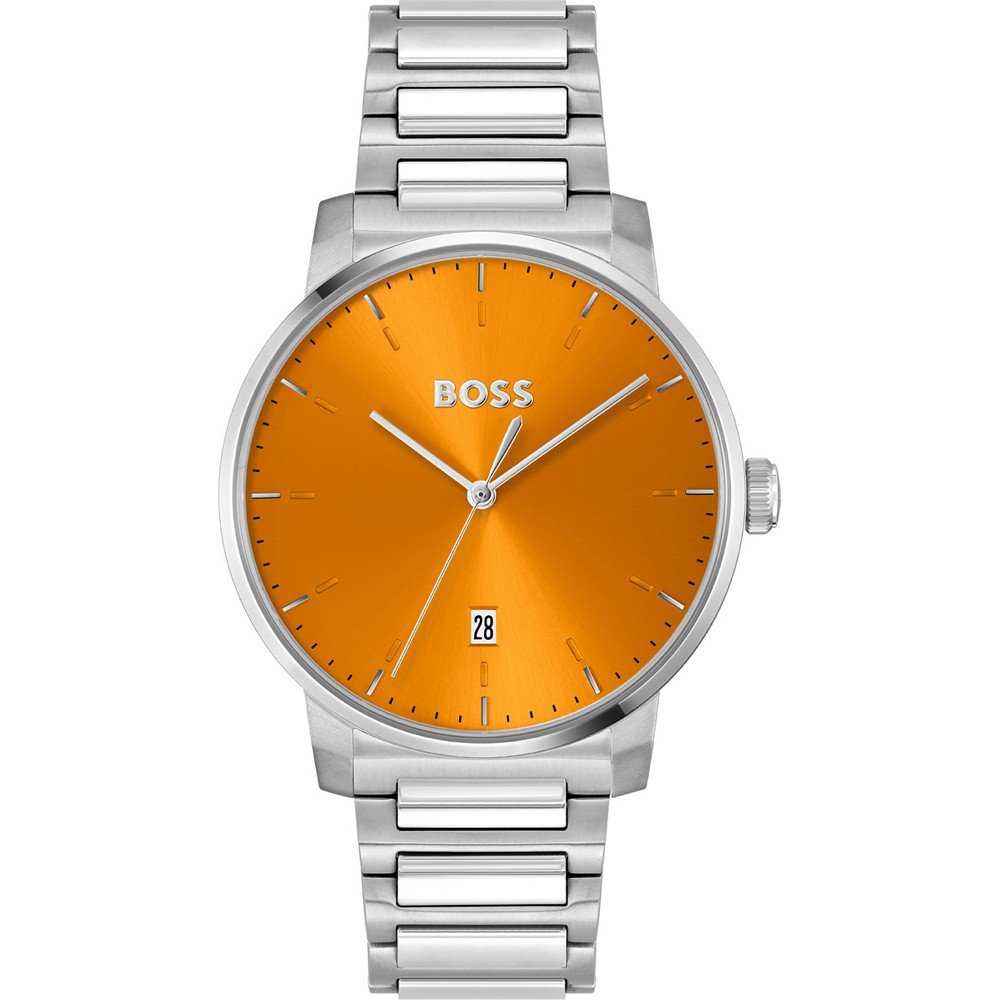 Gents Stainless Steel Hugo Boss Dean Orange Dial Silver Batons Date Watch