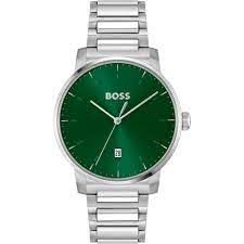 Gents Stainless Steel Hugo Boss Dean Green Dial Silver Batons Date Watch