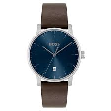 Gents Stainless Steel Hugo Boss Dean Navy Dial Silver Batons Date Watch