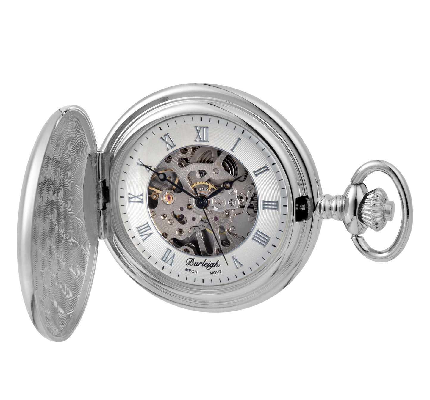 Gents Stainless Steel Pocket Watch With Skeleton Dial and Roman Numerals