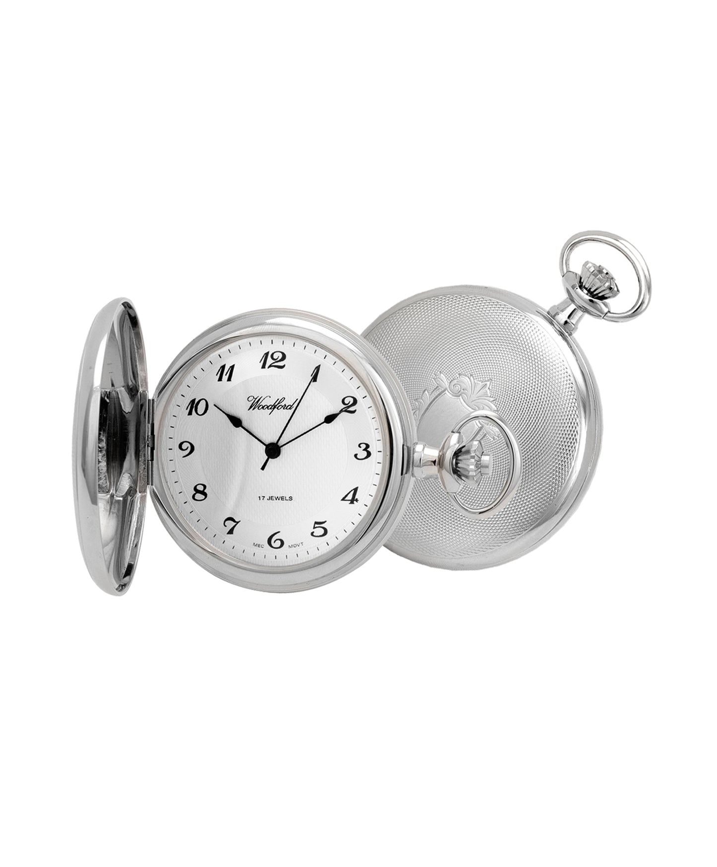 Gents Stainless Steel Pocket Watch Patterned With Shield and Arabic Dial