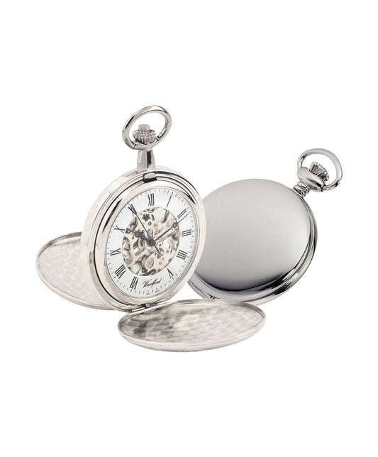 Gents Stainless Steel Pocket Watch Plain Case With Skeleton Dial and Roman Numerals