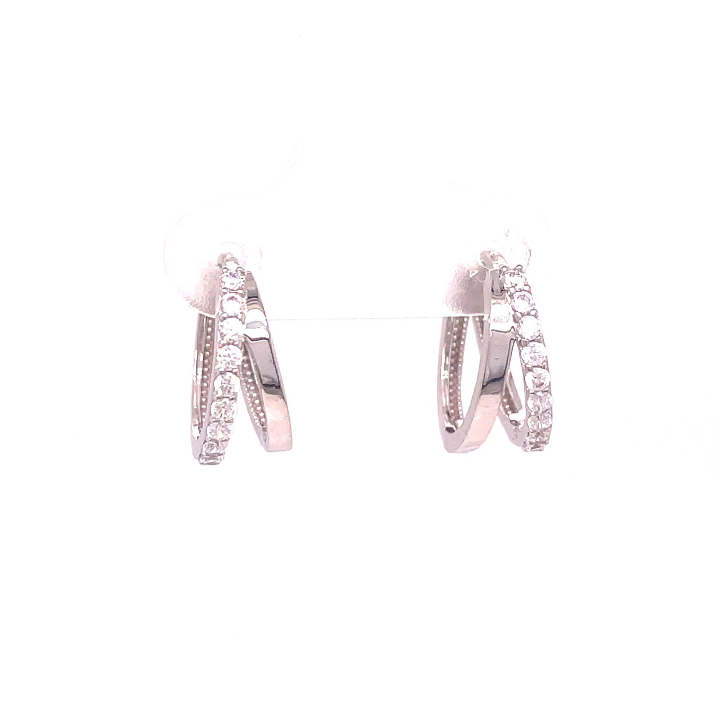 9ct White Gold Half Polished/Half CZ Double Hoop Earrings