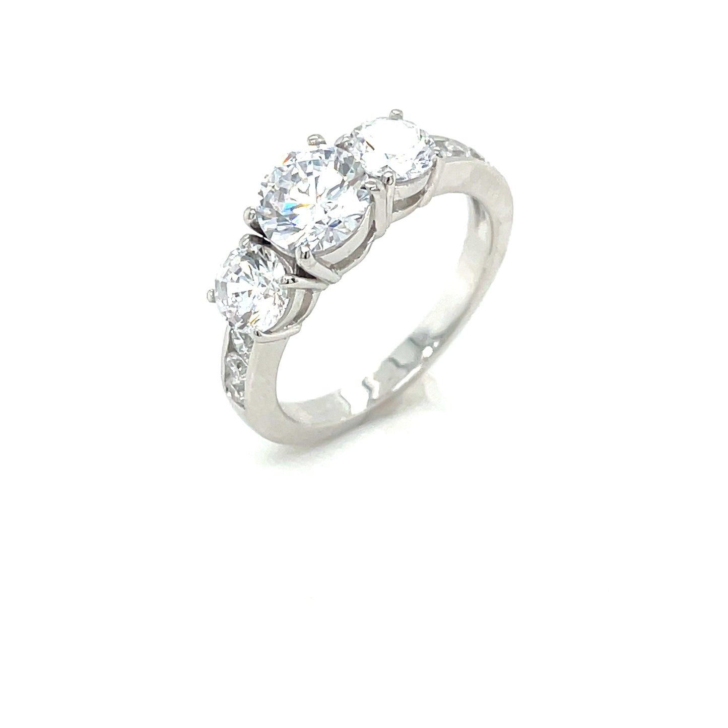 Sterling Silver Three Stone Ring With Cubic Zirconia Shoulders