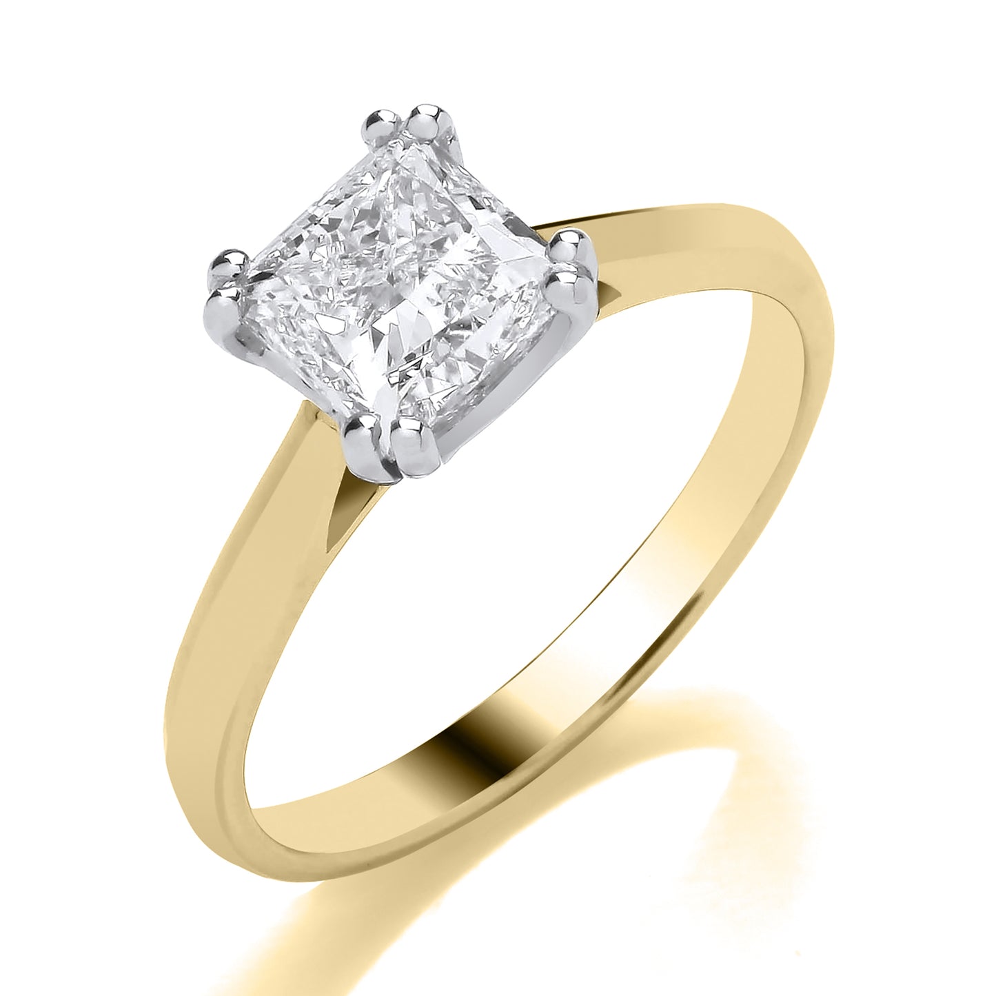 9ct Yellow Gold Princess Cut Solitaire Cultured Diamond Ring with White Gold Claw Setting .50ct