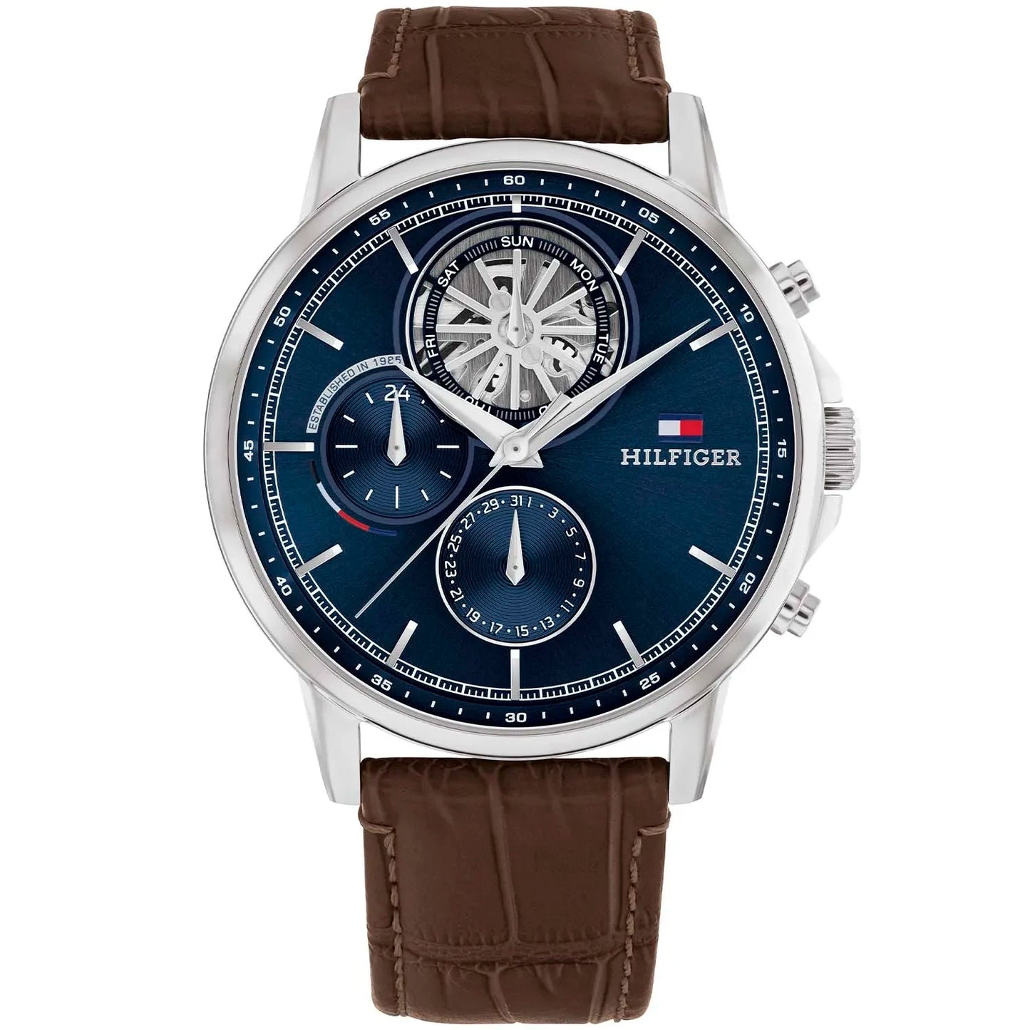 Gents Stainless Steel Tommy Hilfiger Stewart Chronograph Navy Face Skeleton Dial Watch