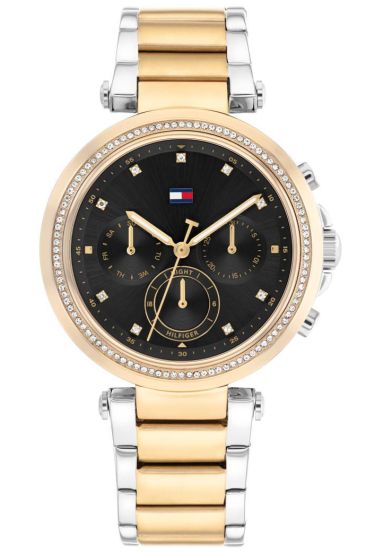 Ladies Two Tone Tommy Hilfiger Emily Black Chronograph Stone Set Bezel Watch