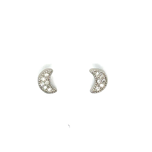 Sterling Silver Pave CZ Moon Stud  Earrings