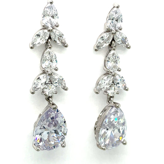 Sterling Silver Long Marquis and Pear CZ Drop Earrings