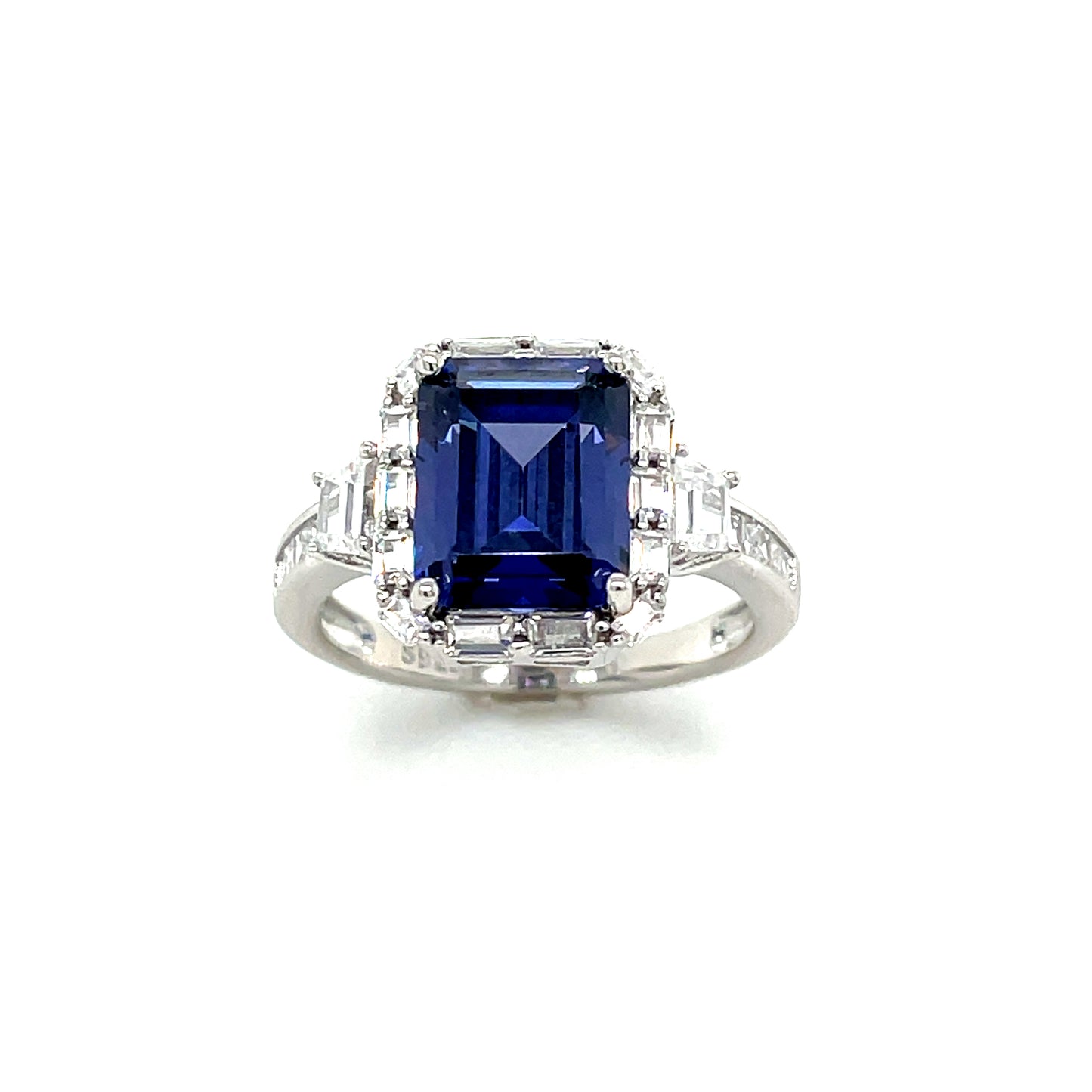 Sterling Silver Emeralkd Cut Blue CZ Ring with Baguette Cut CZ Shoulders