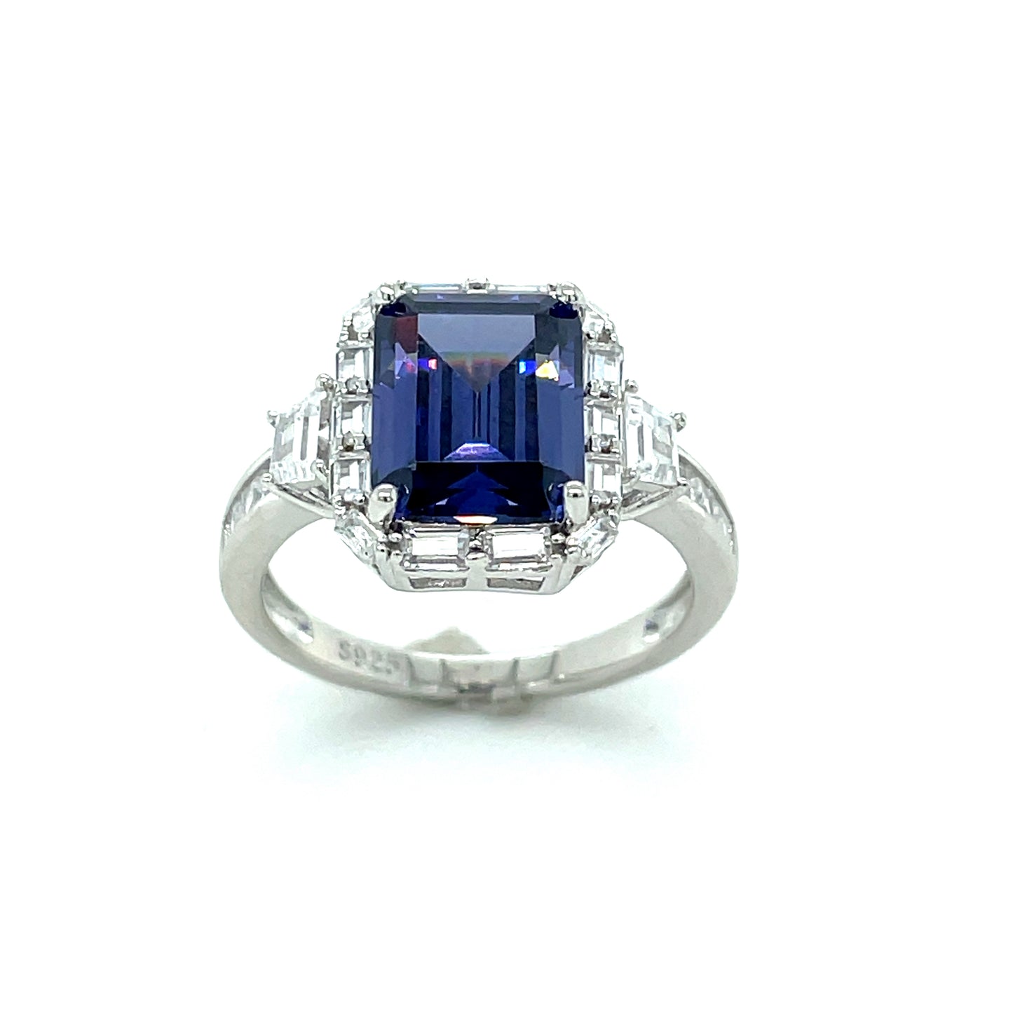 Sterling Silver Emeralkd Cut Blue CZ Ring with Baguette Cut CZ Shoulders