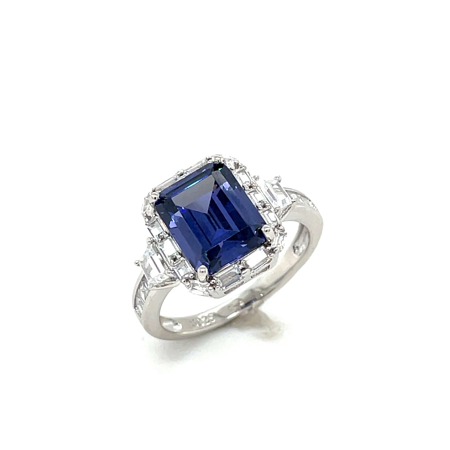 Sterling Silver Emeralkd Cut Blue CZ Ring with Baguette Cut CZ Shoulders