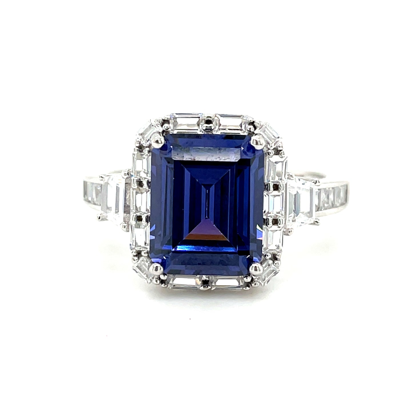 Sterling Silver Emeralkd Cut Blue CZ Ring with Baguette Cut CZ Shoulders