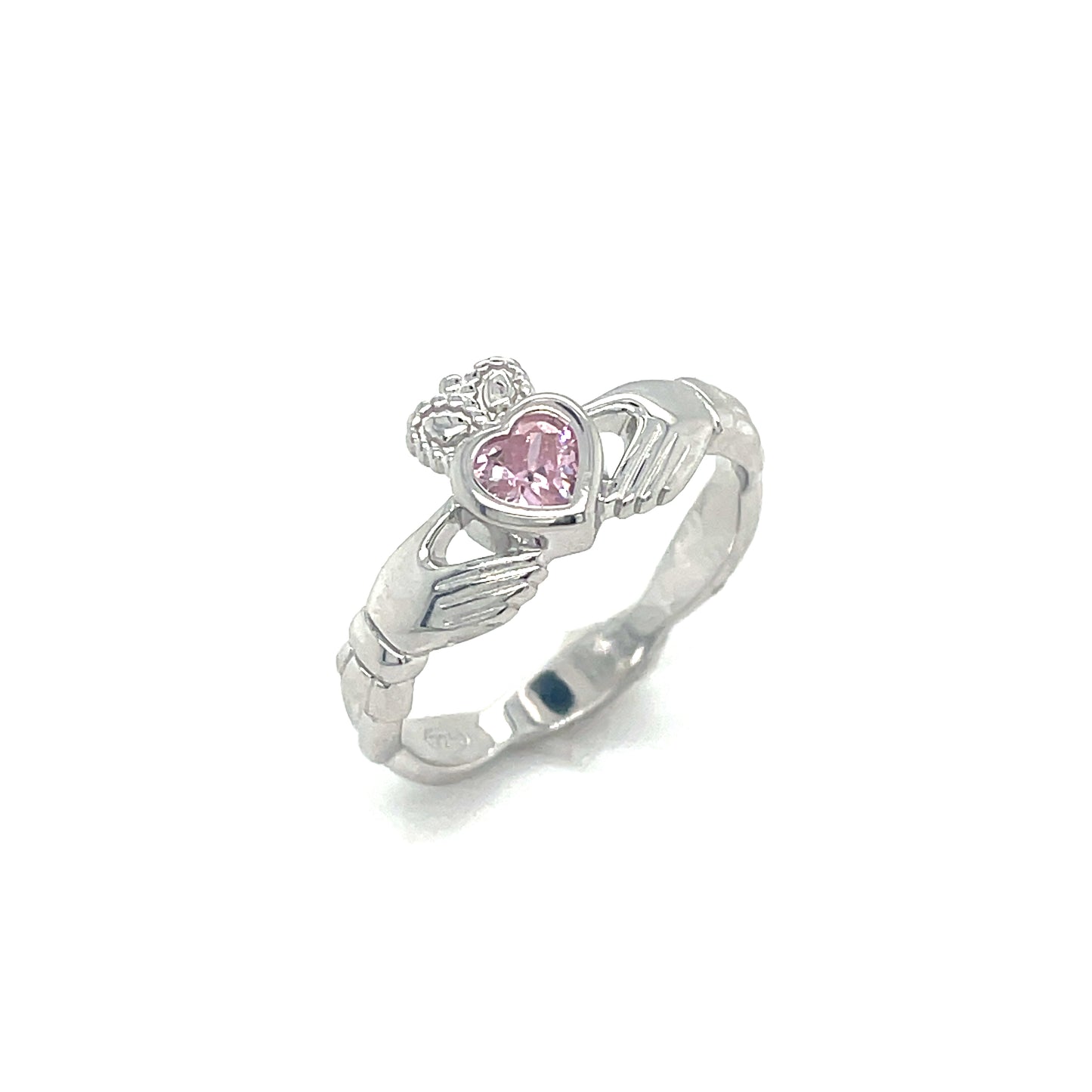 Sterling Silver Rubover Pink October Claddagh Ring