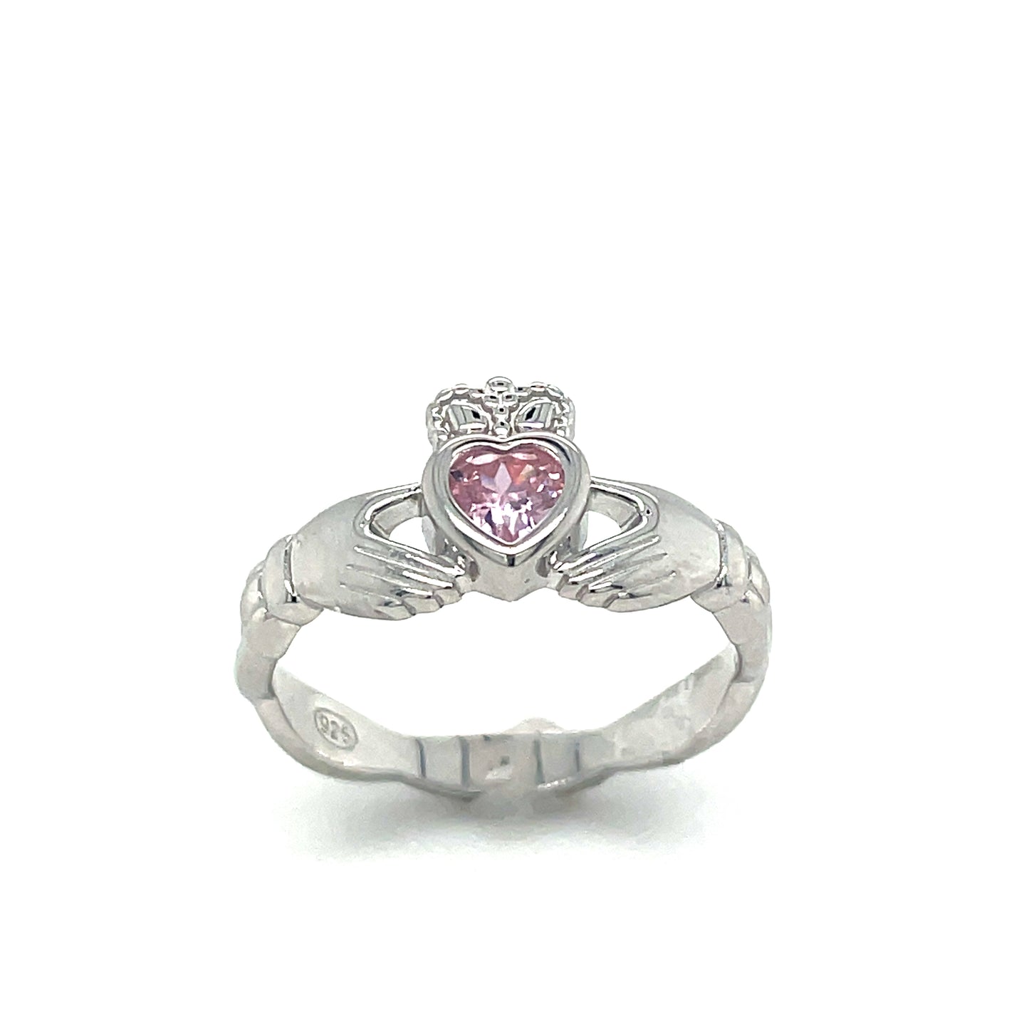 Sterling Silver Rubover Pink October Claddagh Ring