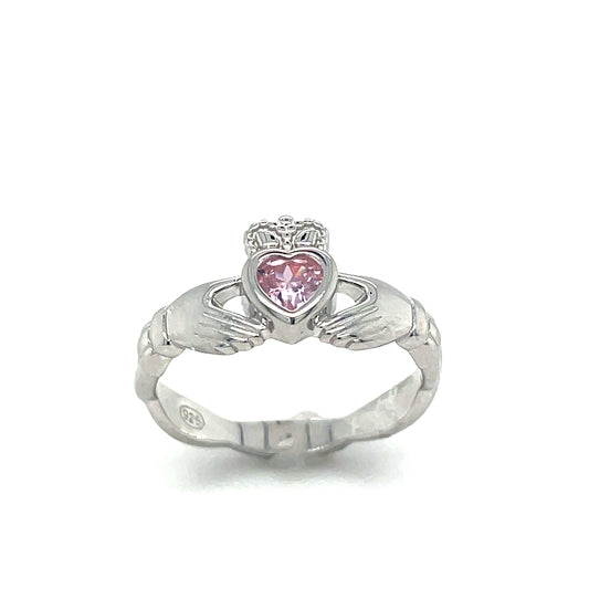 Sterling Silver Rubover Pink October Claddagh Ring