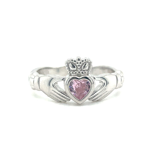 Sterling Silver Rubover Pink October Claddagh Ring